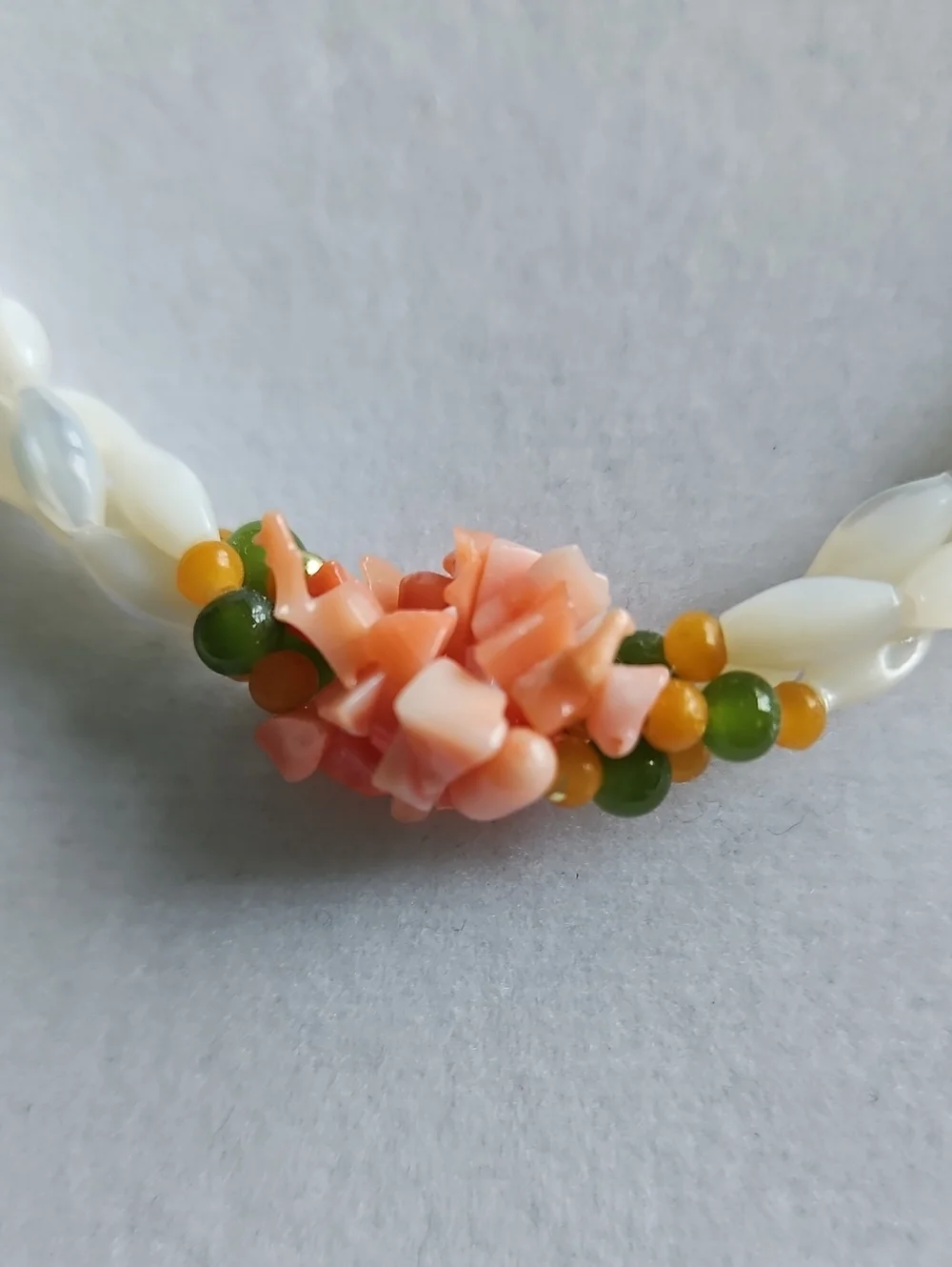 Vintage Mother of Pearl, Coral and Jade Bracelet